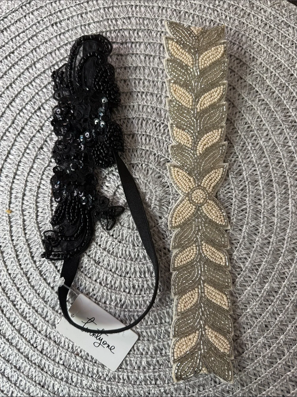 Black Sequin Lace Headband and Cream Beaded Applique Set